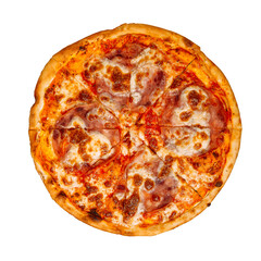 Isolated pizza with ham and cheese on white background