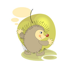 Green apple. Cute hedgehog. Sticker, badge, sticky label with quote . Lovely happy cute character.