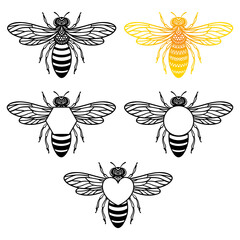 Bee outline monogram. Vector insect silhouette. Template for paper cutting, printing on a T-shirt, mug. Flat style. Hand drawn decorative element for your design. Isolated on white background.