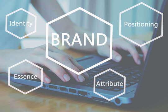 Woman working hand on keyboard close up, brand concept ( essence - attribute - positioning - identity ) emotional marketing