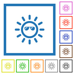 Sun with glossy sunglasses flat framed icons