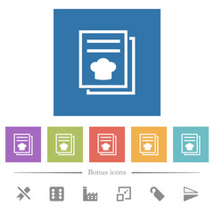 cookbook with chef hat flat white icons in square backgrounds