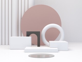 3d rendering, abstract cosmetic background. Minimal podium to show a product. Empty scene with geometrical forms . Neutral pastel colors minimal wall. Fashion showcase, display case, shopfront. 