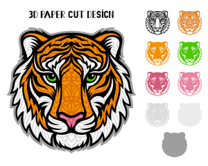 Obraz premium 3D Tiger. Symbol 2022 New Year. Vector layered template for laser and paper cutting, printing on a T-shirt, mug. Animal silhouette.Flat style. Hand drawn decorative element for your design.