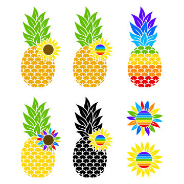 Rainbow pineapple and sunflowers. Flat style. LGBTQ. Color vector illustration. Hand-drawn. Isolated on white background. Bright decorative pineapples for your design, printing on t-shirts,mugs,card.
