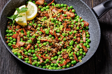 Lebanese warm lentil and peas salad with bacon