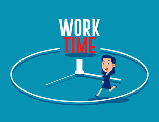 Business person runs along the clock arrow. Business work and time