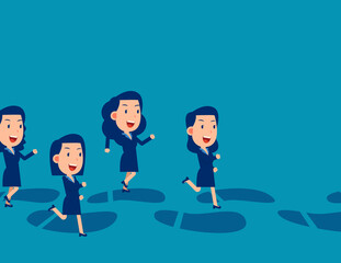 Business team running along huge footprints. Business vector illustration