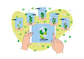 Search for a summer refreshment recipe online. Tablet in hands. Mobile app. Making mojito at home. Vector illustration, concept, flat, line art. Baner, set of elements, icons, symbols, ui design