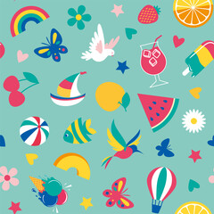 Seamless pattern with symbols of summer: beach, fruits, travel. Summer background. Vector illustration, flat, texture, wallpaper, background for textile, fabric
