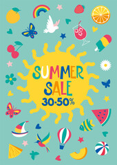 Summer sale flyer with seasonal simbols: beach, fruits, drink, travelling. Vector illuctration, poster, invitation, coupon, voucher, discount, offer, price tag