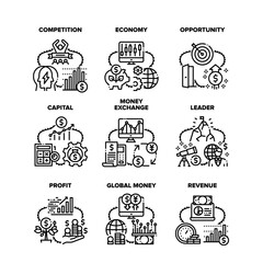Finance Capital Set Icons Vector Illustrations. Finance Capital And Money Exchange, Global Economy And Profit, Revenue And Opportunity. Leader Target And Competition Black Illustration