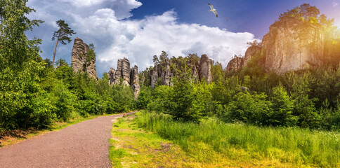 Prachov rocks (Prachovske skaly) in Cesky Raj region, Czech Republic. Sandstone rock formation in...