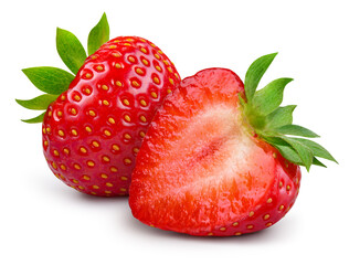 Strawberries isolated. Strawberry whole and half on white. Side view. Full depth of field. With...