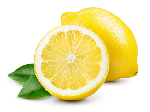 Lemon fruit with leaf isolate. Lemon half and a whole with leaves on white. Lemons isolated. With clipping path. Full depth of field.