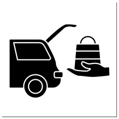 Fototapeta premium Curbside pickup glyph icon. Delivery purchases into vehicle truck. Avoid contacting. Contact-free delivery concept. Filled flat sign. Isolated silhouette vector illustration