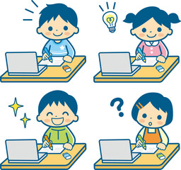 オンライン学習する子供のイラスト＿ ライン有ネイビー