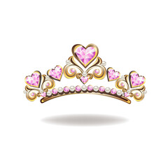 Princess crown or tiara with pearls and pink gems in the shape of a heart vector illustration isolated on white background. © liana2012