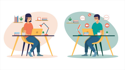 Work from home, work at home, coworking space, concept illustration. Man and woman freelancers 
working on laptops and computer at home. Flat design work from home illustration
