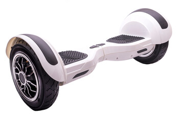 Self-balancing two-wheeled board or hoverboard scooter isolated on white background. Gyroboard: white gyroboard on white background. New movement - obrazy, fototapety, plakaty
