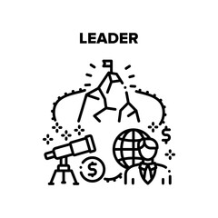 Leader Finance Vector Icon Concept. Leader Finance Manager Thinking Strategy And Searching Solution For Earning Money And Achieve Goal. Businessman International Company Black Illustration