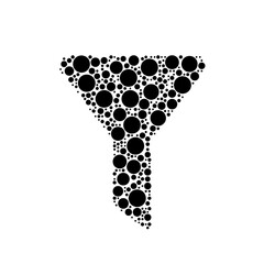 A large funnel symbol in the center made in pointillism style. The center symbol is filled with black circles of various sizes. Vector illustration on white background