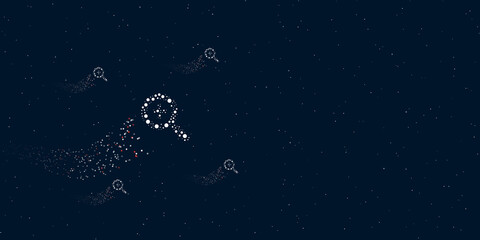 Obraz na płótnie Canvas A zoom in symbol filled with dots flies through the stars leaving a trail behind. Four small symbols around. Empty space for text on the right. Vector illustration on dark blue background with stars