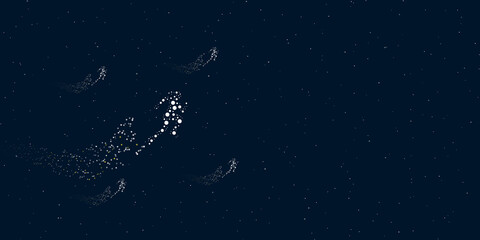 Obraz na płótnie Canvas A running woman symbol filled with dots flies through the stars leaving a trail behind. There are four small symbols around. Vector illustration on dark blue background with stars