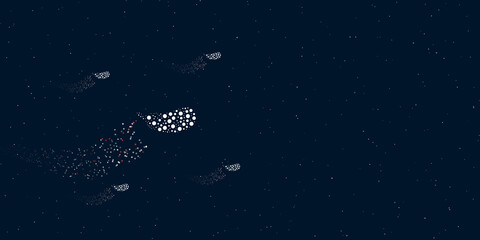 A eggplant symbol filled with dots flies through the stars leaving a trail behind. Four small symbols around. Empty space for text on the right. Vector illustration on dark blue background with stars