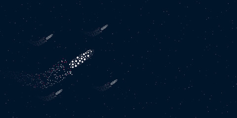 A zucchini symbol filled with dots flies through the stars leaving a trail behind. Four small symbols around. Empty space for text on the right. Vector illustration on dark blue background with stars