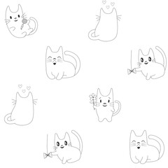 Seamless vector pattern in sketch style with cute cartoon hand-drawn cats. Funny white silhouettes of kittens with grey hand-drawn stroke, seamless vector background for kids.