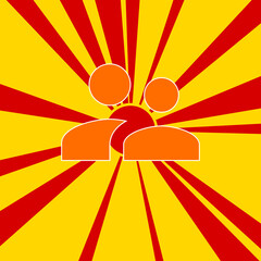 Group symbol on a background of red flash explosion radial lines. The large orange symbol is located in the center of the sun, symbolizing the sunrise. Vector illustration on yellow background