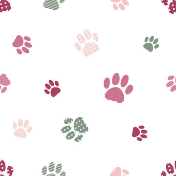Stylized illustration of footprints of cat paws, seamless vector background. Cute pattern with pink and green silhouettes of kitten foot.