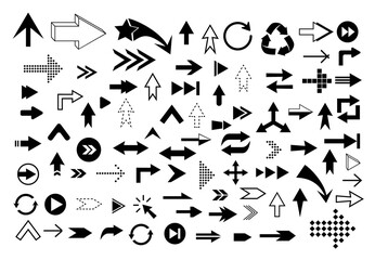 A large set of different arrows in a flat style. Elements for decoration and design. Vector illustration.