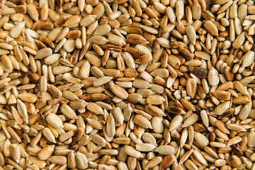 Background of fried peeled sunflower seeds. The texture of small grains. Harvest of seeds.