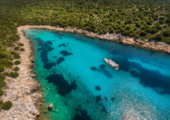Fototapeta na wymiar View from drone of the idyllic coast of the uninhabited island of Skantzoura in the Northern Sporades