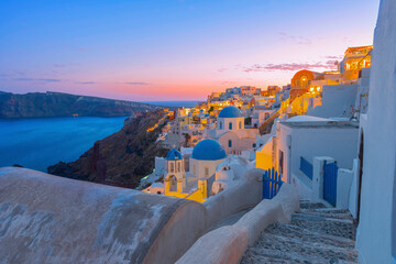 Greece Santorini island Oia sunset, view above caldera with sea background in Cyclades