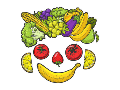 Vegan face made of vegetables and fruits sketch engraving vector illustration. T-shirt apparel print design. Scratch board imitation. Black and white hand drawn image.