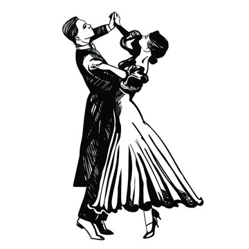 Couple dancing passionate dance. Suitable for waltz and others. Vector illustration, freehand drawing.
