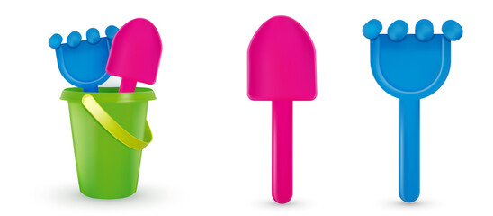 Sandbox toys. Baby bucket, rake, scapula. Set of buckets and dustpan. For playing in the sandbox for children. Colorful children toys isolated on white background.
