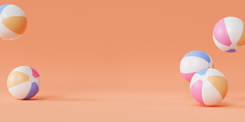 Summer orange banner background with inflatable beach balls, copy space, minimal 3d render