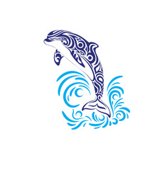 Vector illustration of dolphin tattoo on waves in tribal style