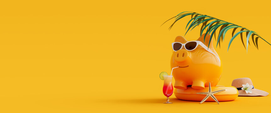 Piggy bank with sunglasses, cocktail and summer accessories ready for vacation on yellow background 3D Rendering, 3D Illustration	