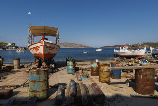 Boats being processed in the shipyard in the port of Linaria on the west coast of the Greek island of Skiros in the Northern Sporades