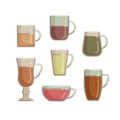 Set of glass cups icon with drinks. Vector isolated color  illustration in flat style with line.