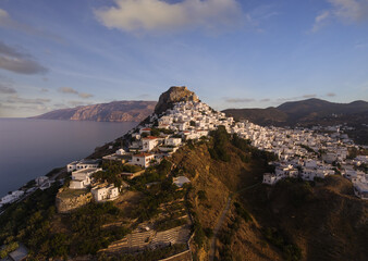 Sunset view from the drone of the Chora of the Greek island of Skiros in the Northern Sporades
