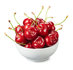 Bowl of sweet red cherries isolated on white background