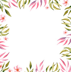 Fototapeta na wymiar Watercolor illustration frame from colored tropical leaves. watercolor drawing palm leaves of purple, pink colors. isolated on white background.
