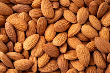 Almonds macro. Almond background. Almonds top view background. Whole nuts flat lay. Full depth of...