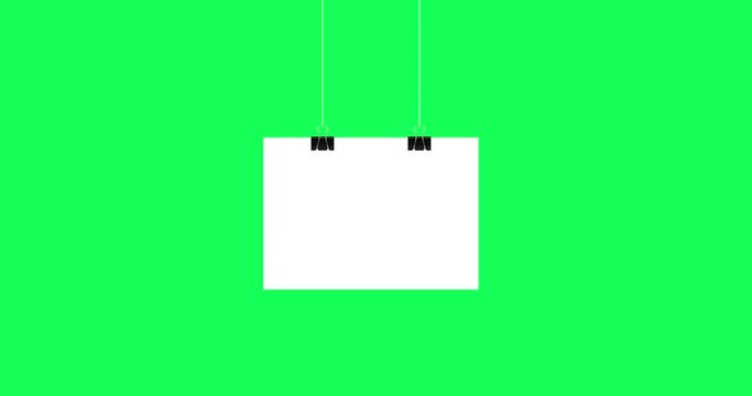 paper hanging on clip moving animated video. white sheet banner on binder animation